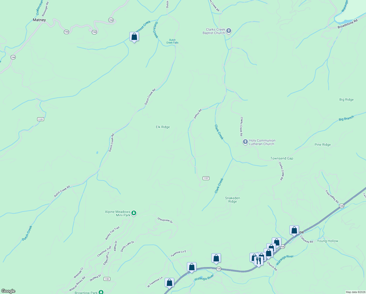 map of restaurants, bars, coffee shops, grocery stores, and more near 250 Larkspur Trail in Banner Elk
