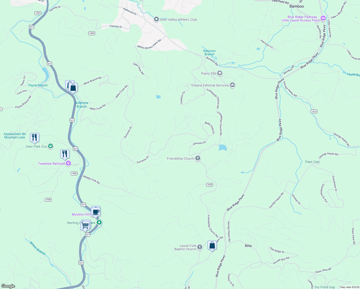 map of restaurants, bars, coffee shops, grocery stores, and more near 260 Angelia Court in Boone
