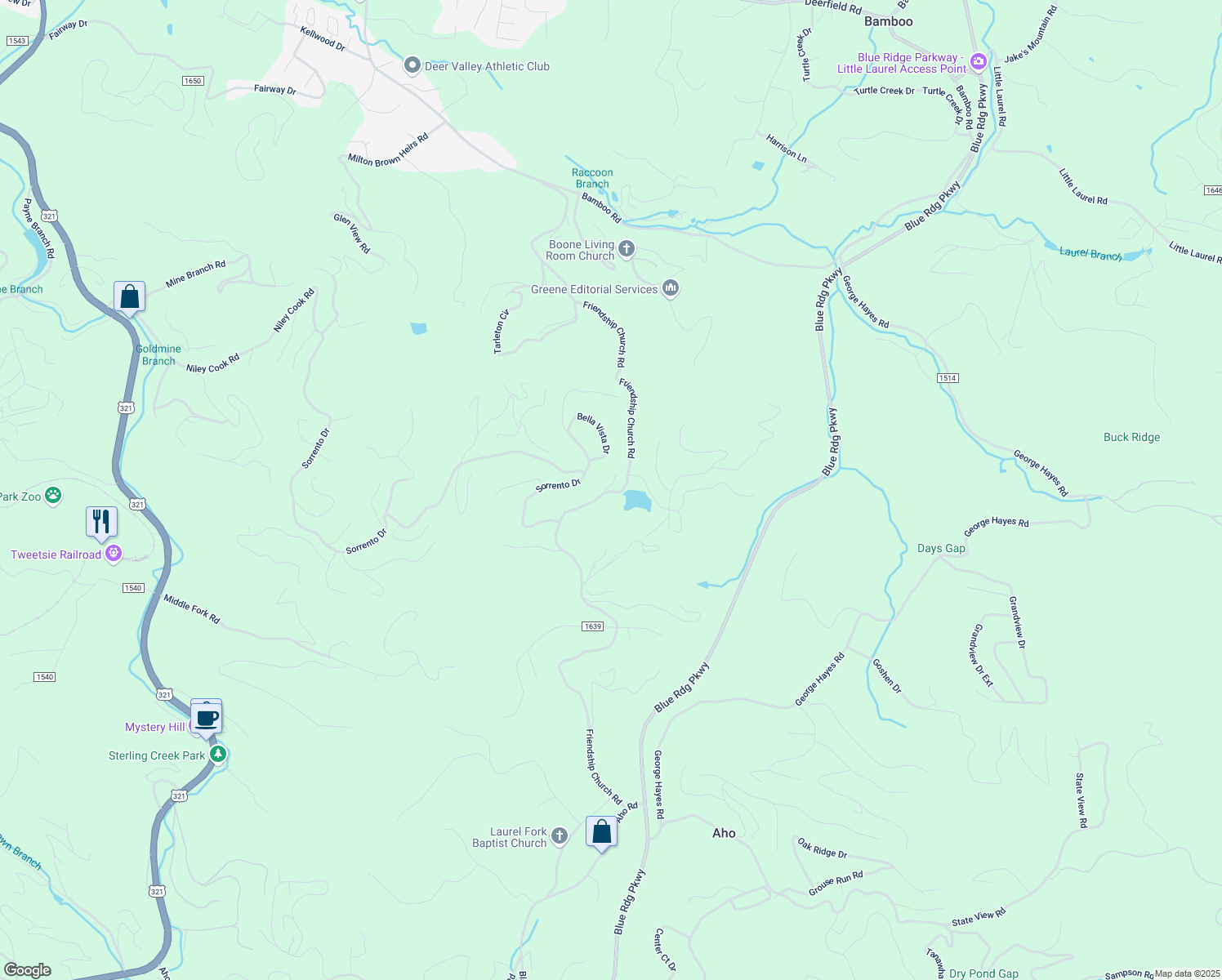 map of restaurants, bars, coffee shops, grocery stores, and more near 126 Slopes Court in Boone