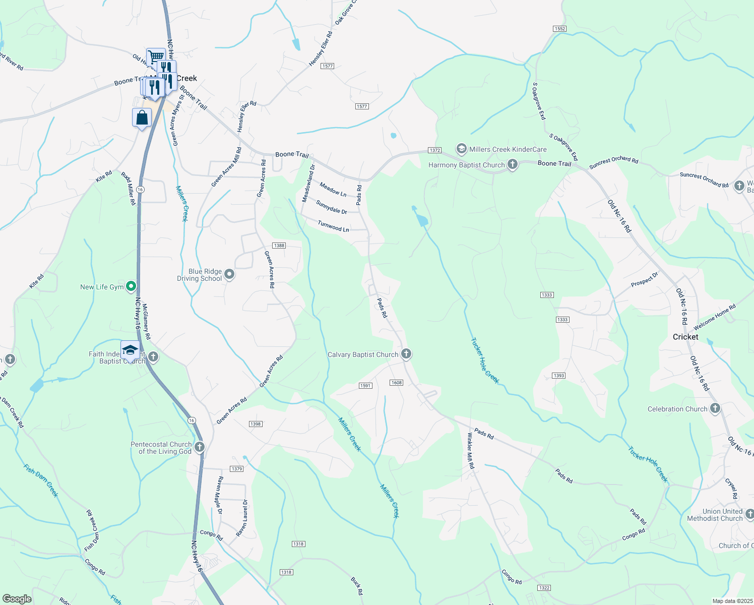 map of restaurants, bars, coffee shops, grocery stores, and more near 1905 Pads Road in North Wilkesboro