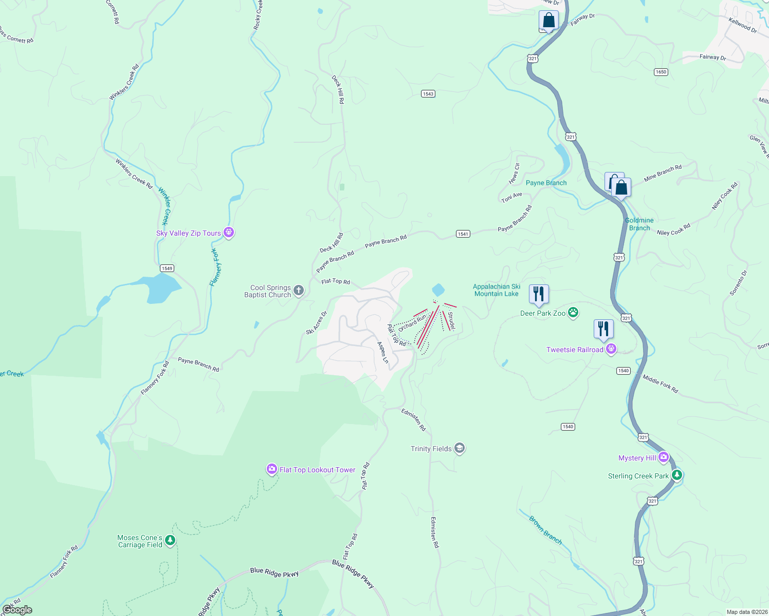 map of restaurants, bars, coffee shops, grocery stores, and more near 150 Chipmunk Lane in Blowing Rock