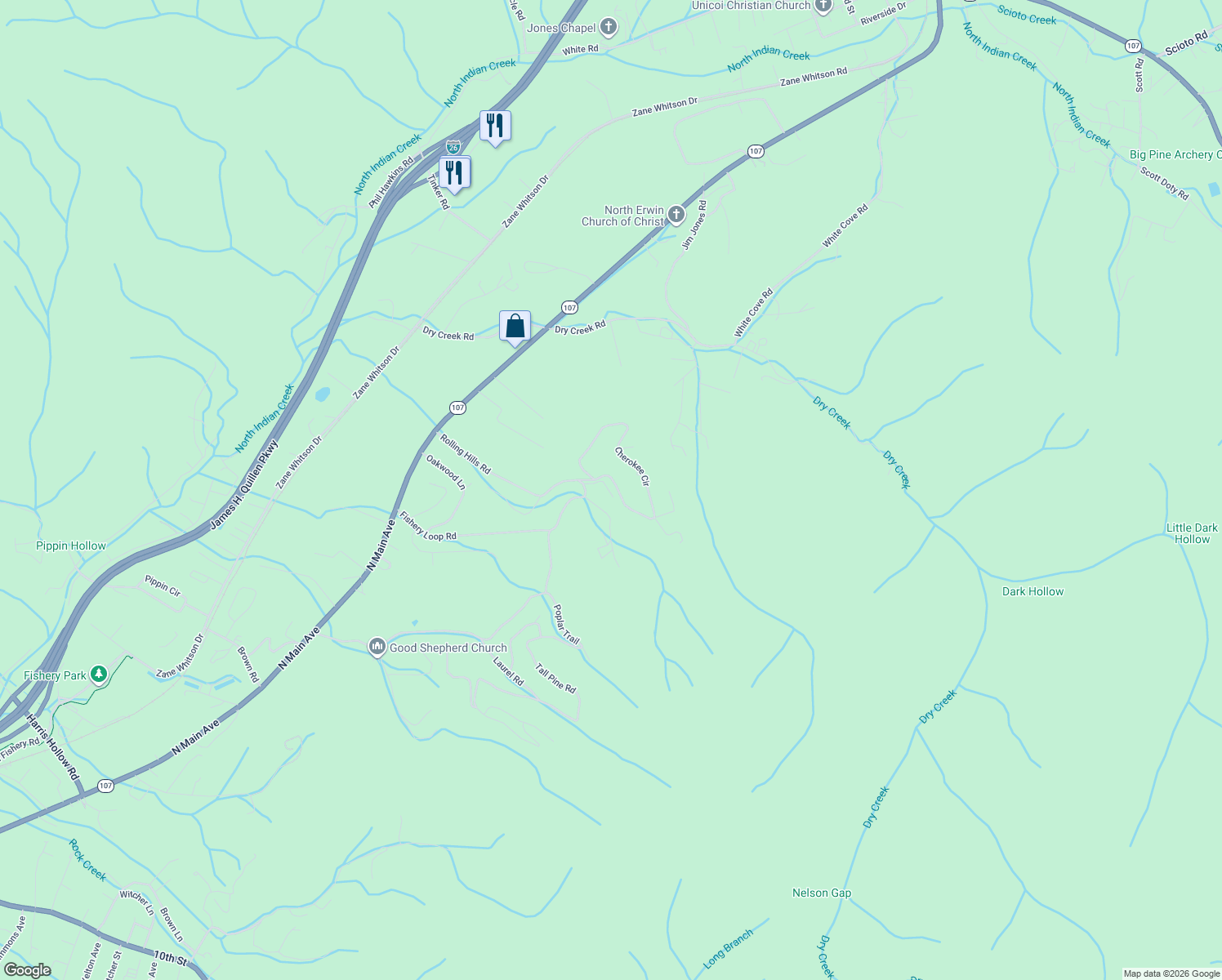 map of restaurants, bars, coffee shops, grocery stores, and more near 20 Quail Hollow Road in Erwin