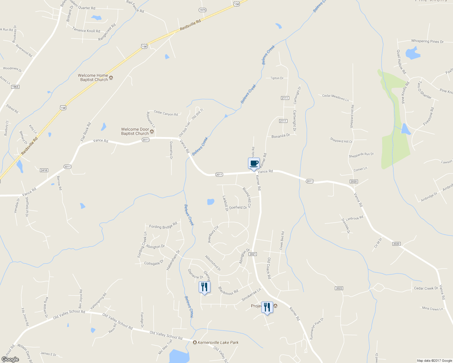map of restaurants, bars, coffee shops, grocery stores, and more near 1777 Round Hill Circle in Kernersville