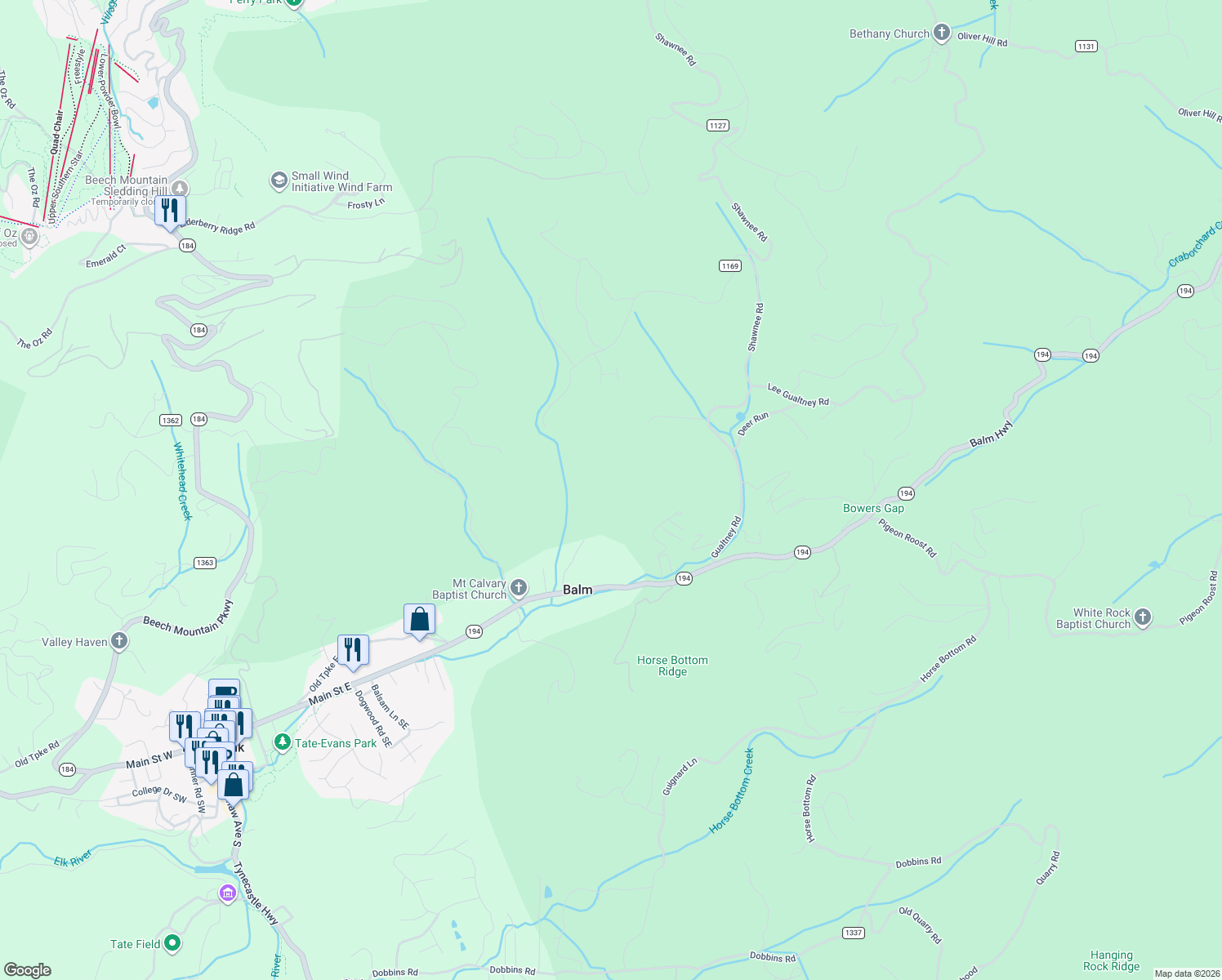 map of restaurants, bars, coffee shops, grocery stores, and more near 149 Painter Road in Banner Elk