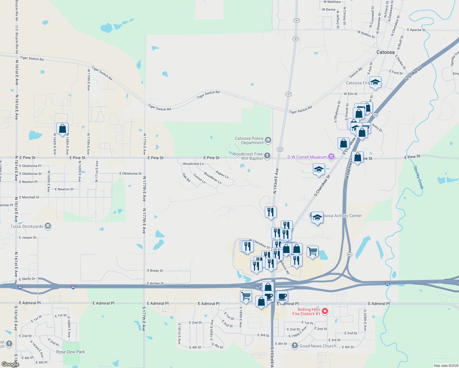 map of restaurants, bars, coffee shops, grocery stores, and more near 18741 Woodbriar Lane in Catoosa