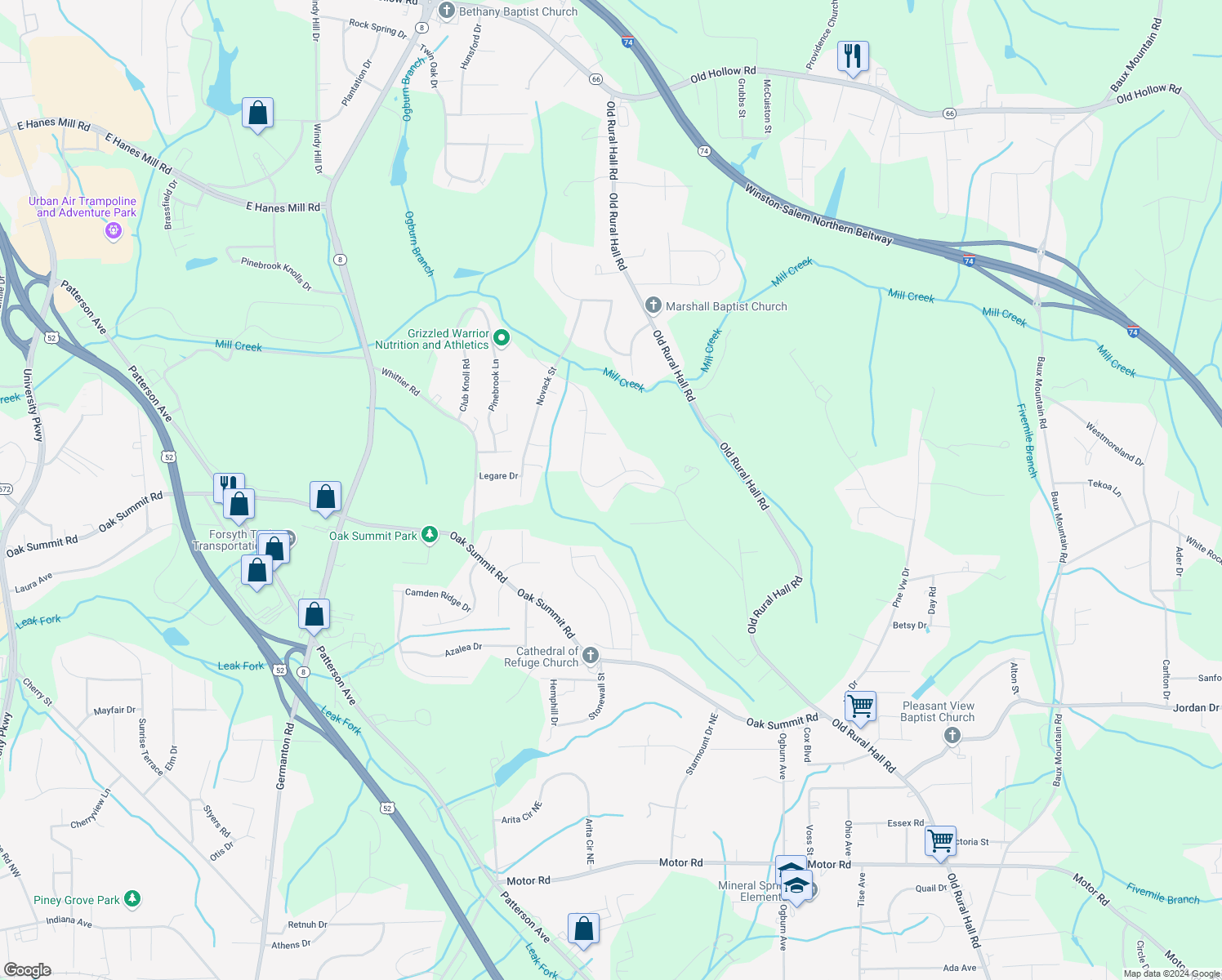map of restaurants, bars, coffee shops, grocery stores, and more near 5458 Fairway Forest Drive in Winston-Salem