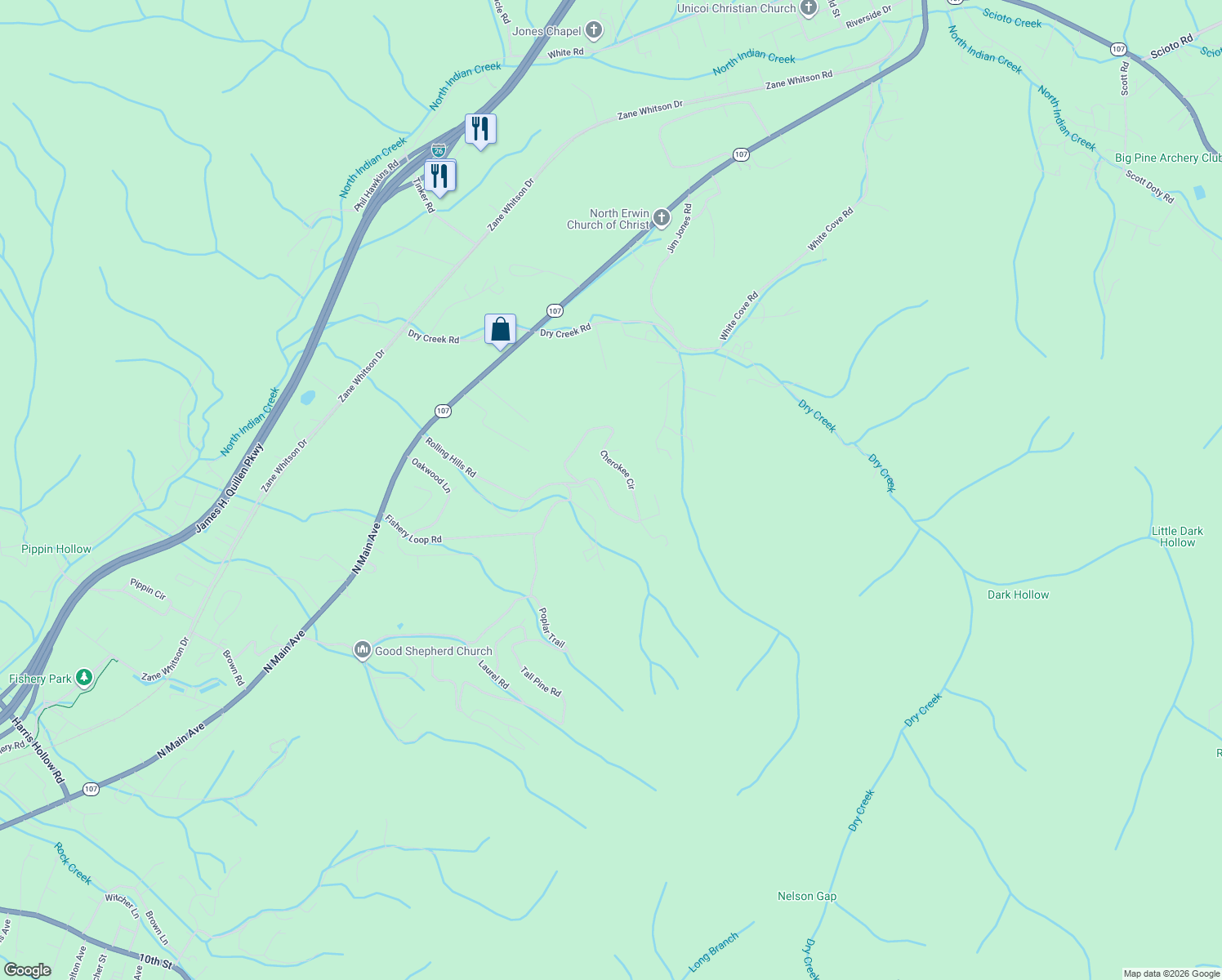 map of restaurants, bars, coffee shops, grocery stores, and more near 20 Quail Hollow Road in Erwin