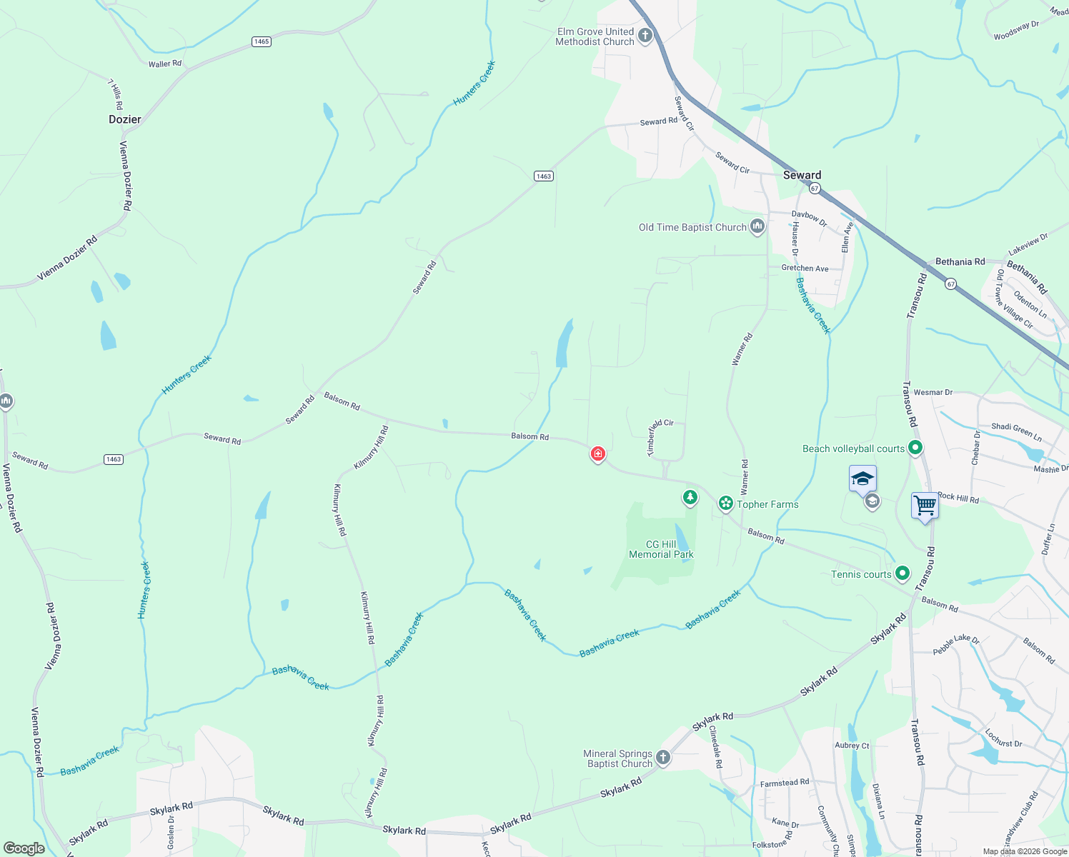 map of restaurants, bars, coffee shops, grocery stores, and more near 6065 Balsom Rd in Pfafftown