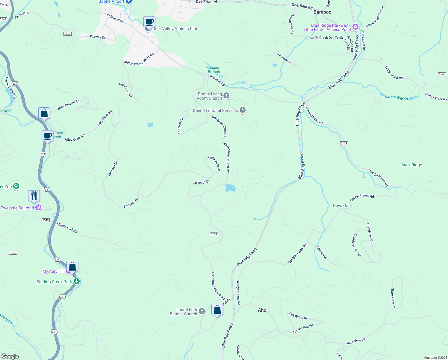 map of restaurants, bars, coffee shops, grocery stores, and more near 126 Slopes Court in Boone