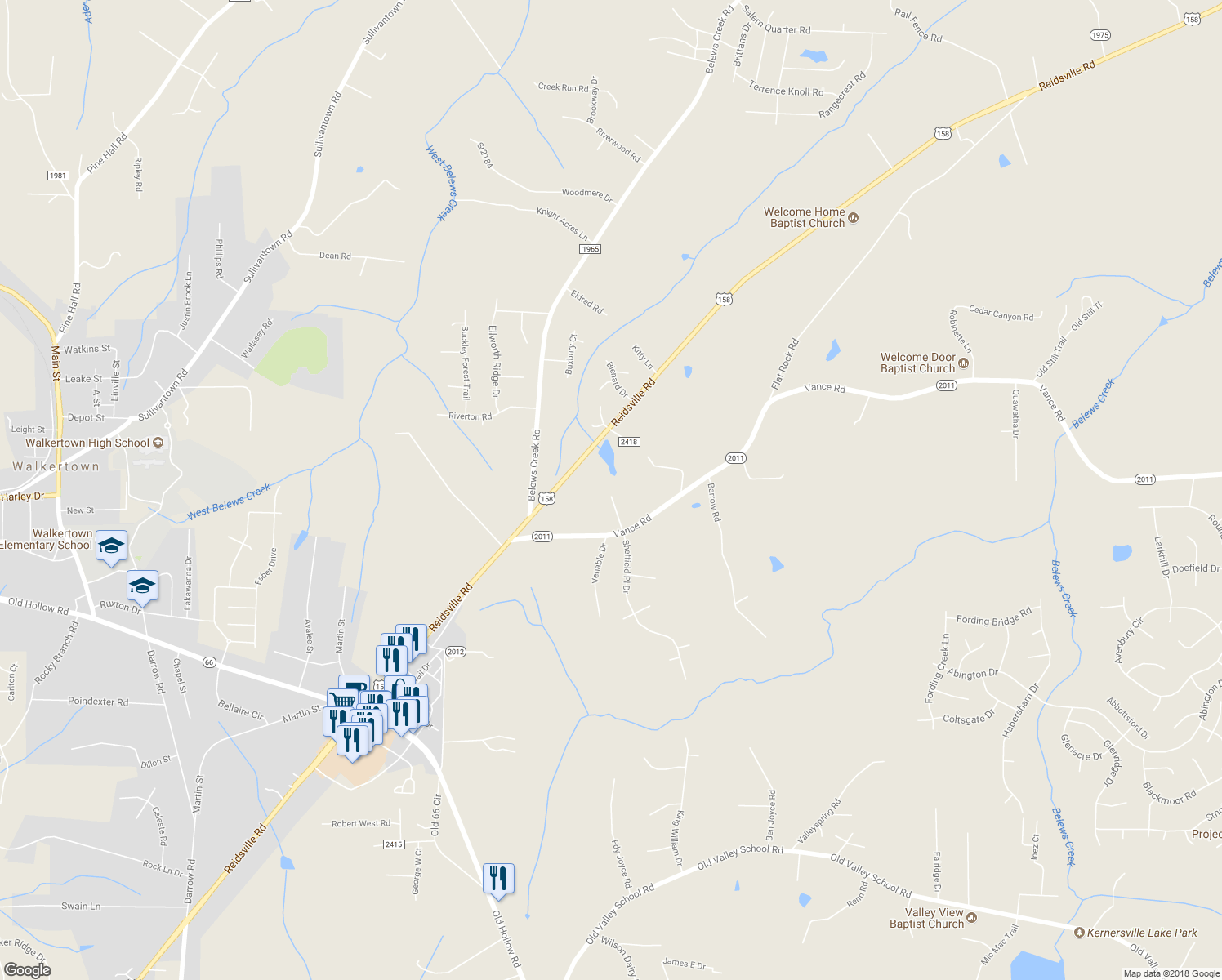 map of restaurants, bars, coffee shops, grocery stores, and more near 5260 Summit Street in Kernersville