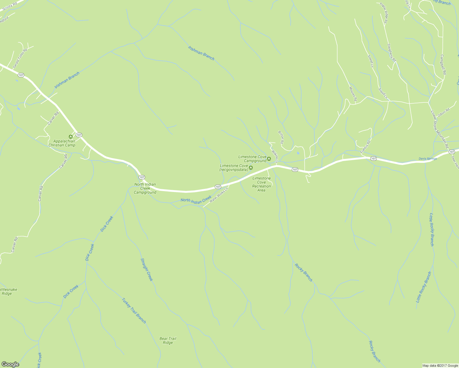 map of restaurants, bars, coffee shops, grocery stores, and more near Tennessee 107 in Unicoi