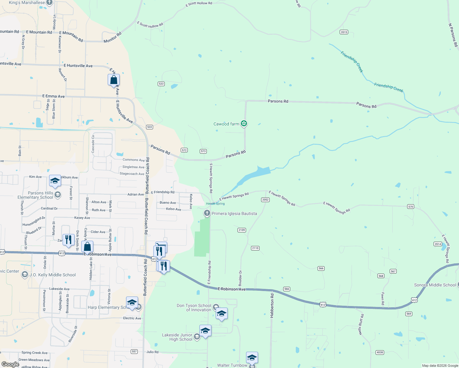 map of restaurants, bars, coffee shops, grocery stores, and more near 4292 East Hewitt Springs Road in Springdale