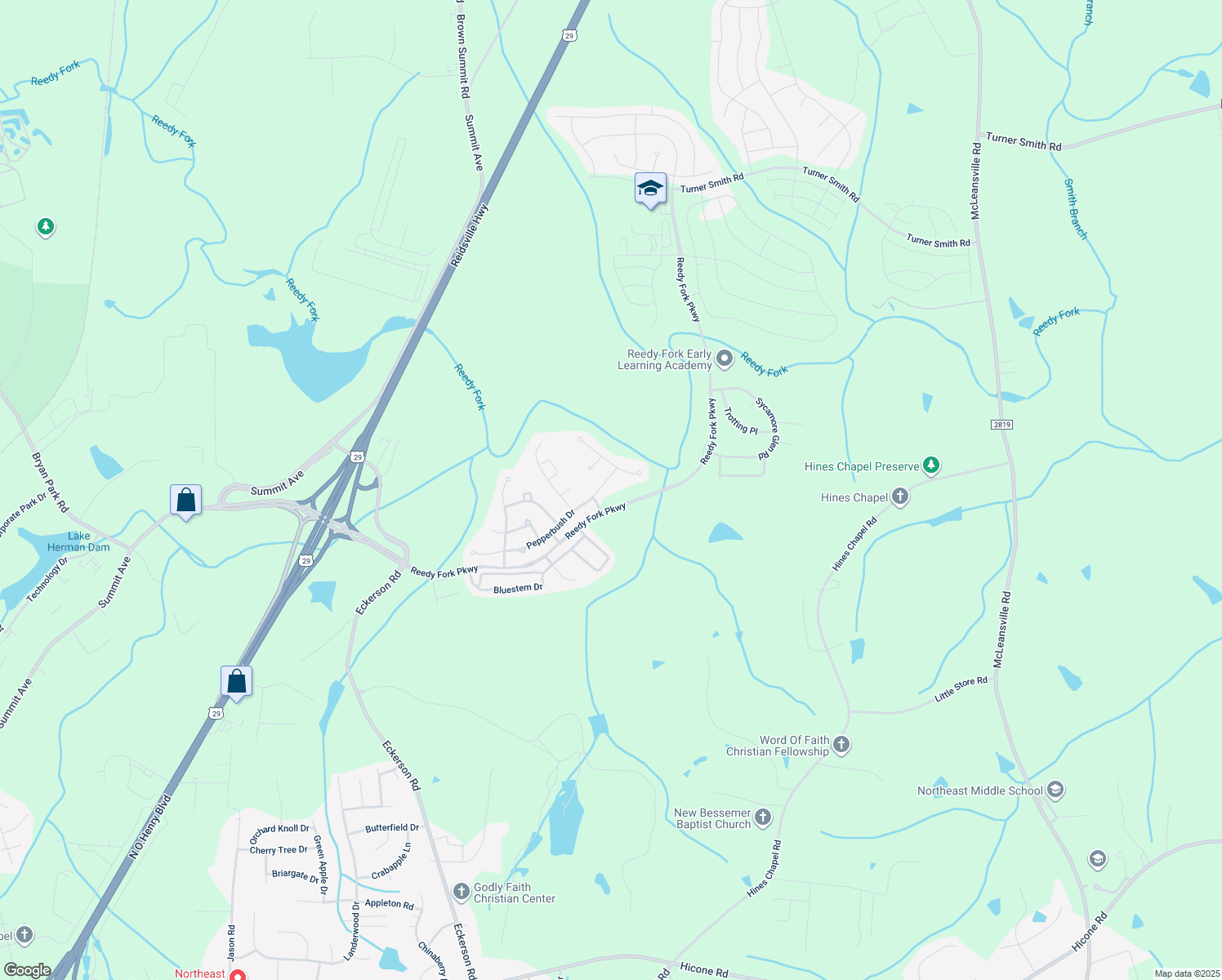 map of restaurants, bars, coffee shops, grocery stores, and more near 4306 Pepperbush Drive in Greensboro
