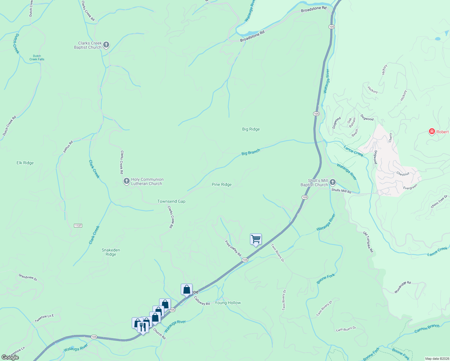 map of restaurants, bars, coffee shops, grocery stores, and more near 151 Red Tail Summit in Boone