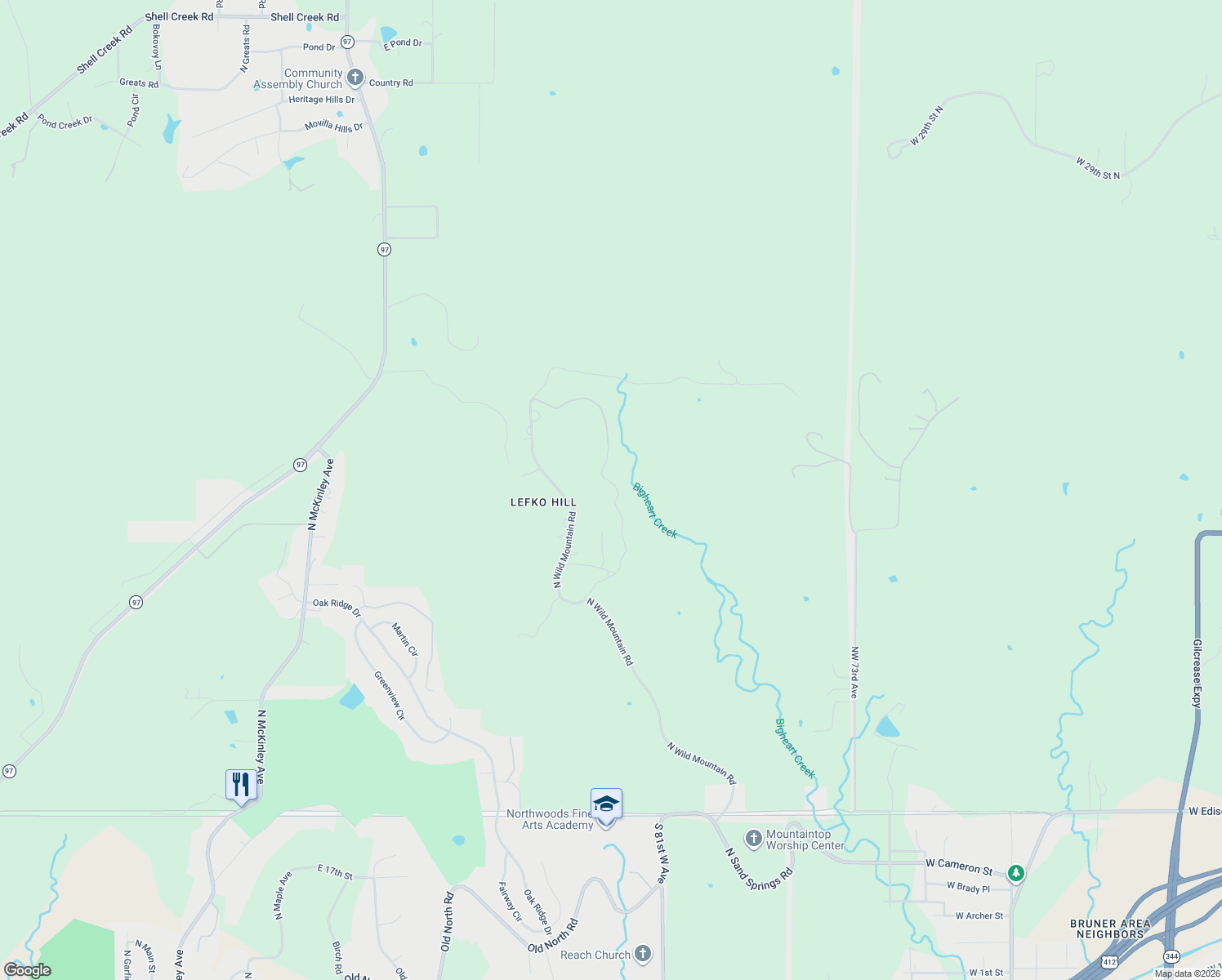 map of restaurants, bars, coffee shops, grocery stores, and more near 2819 North Wild Mountain Road in Tulsa