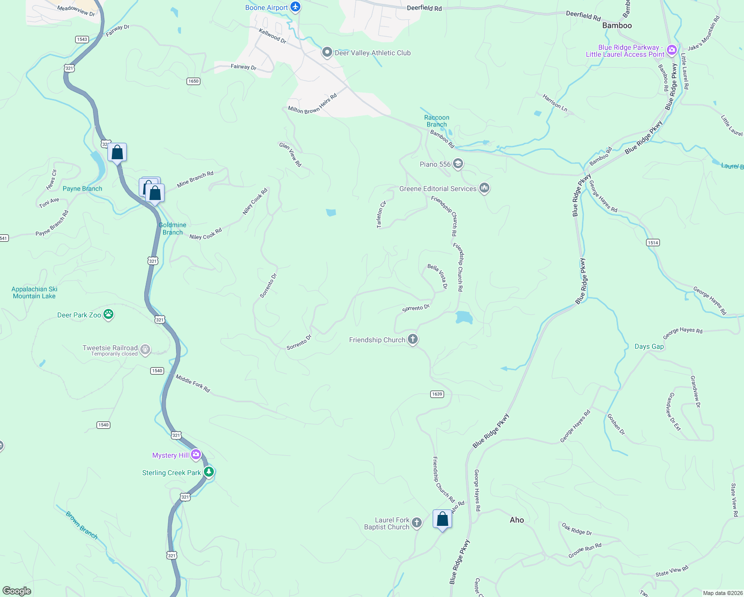 map of restaurants, bars, coffee shops, grocery stores, and more near 260 Angelia Court in Boone