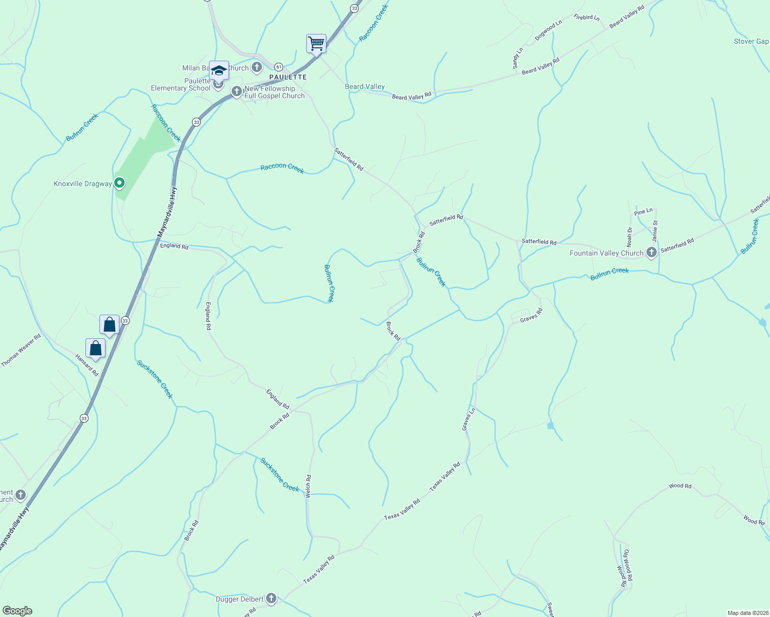 map of restaurants, bars, coffee shops, grocery stores, and more near 202 Brock Rd in Maynardville