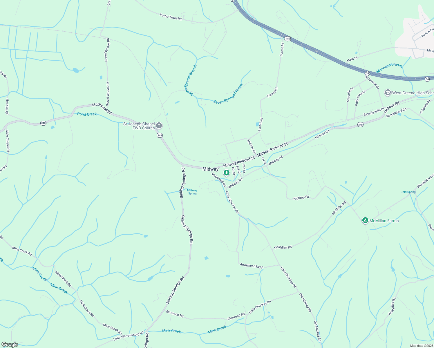 map of restaurants, bars, coffee shops, grocery stores, and more near 160 McDonald Road in Greene