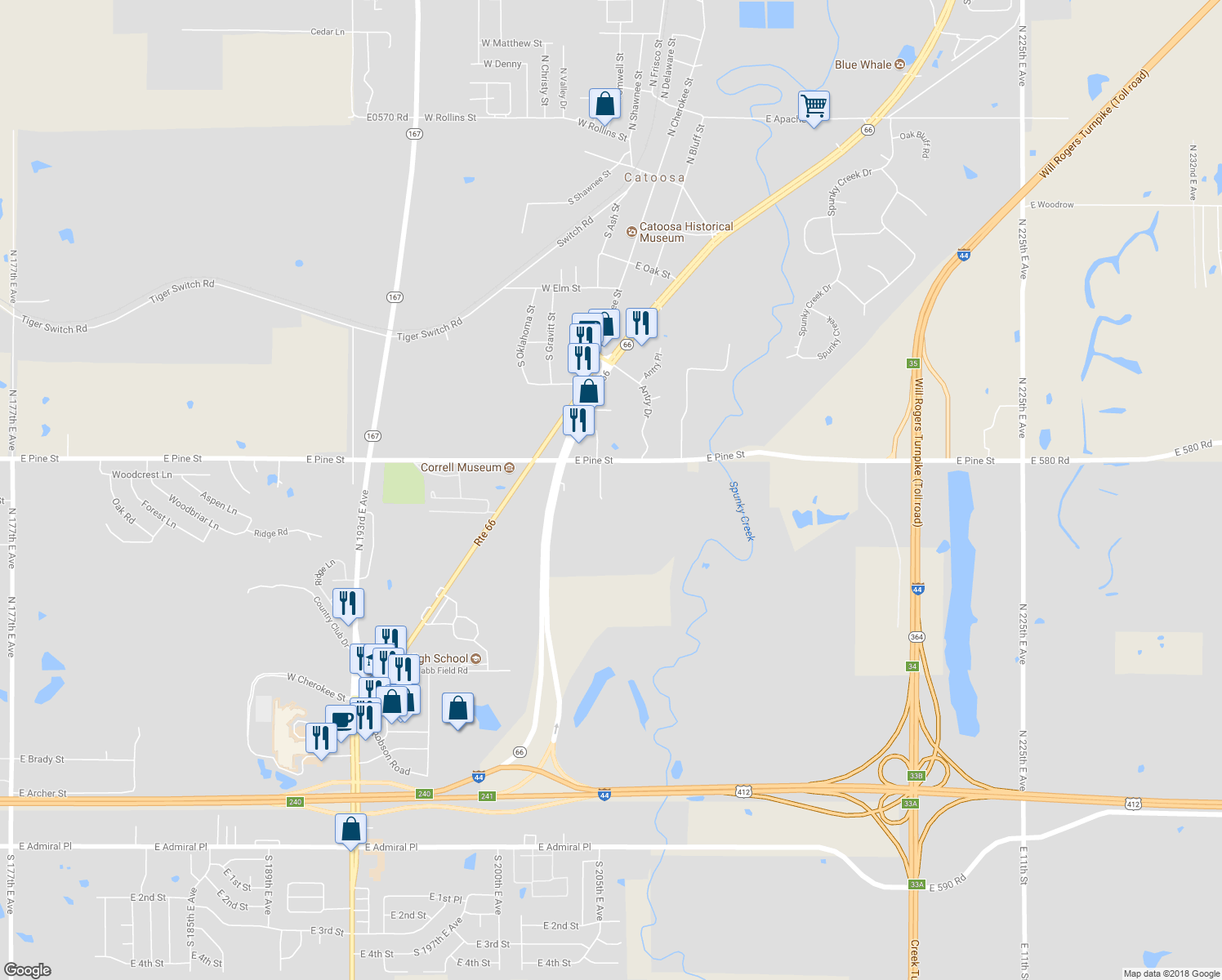 map of restaurants, bars, coffee shops, grocery stores, and more near 20526 East Pine Street in Catoosa
