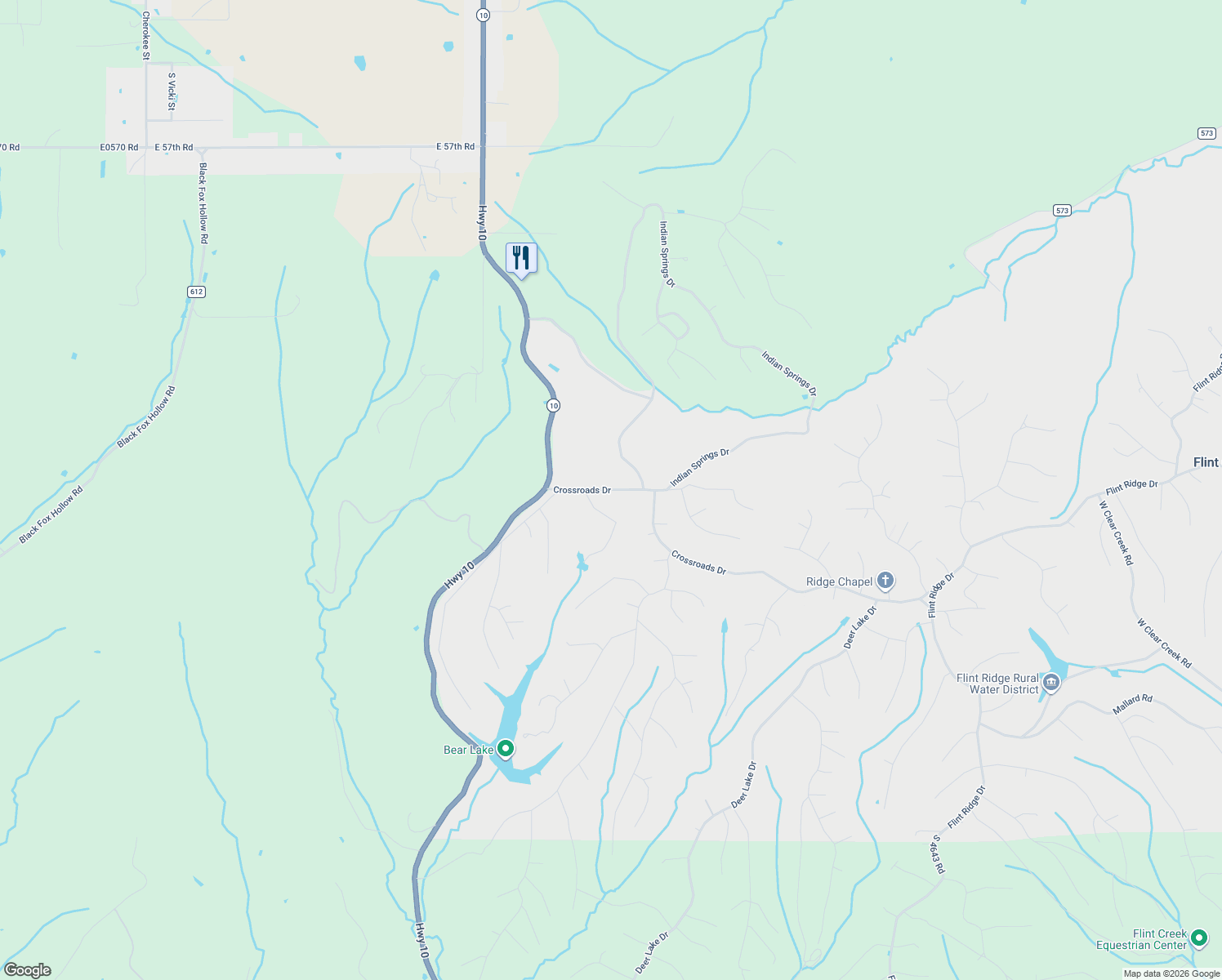 map of restaurants, bars, coffee shops, grocery stores, and more near Hidden Valley Road in Flint Creek
