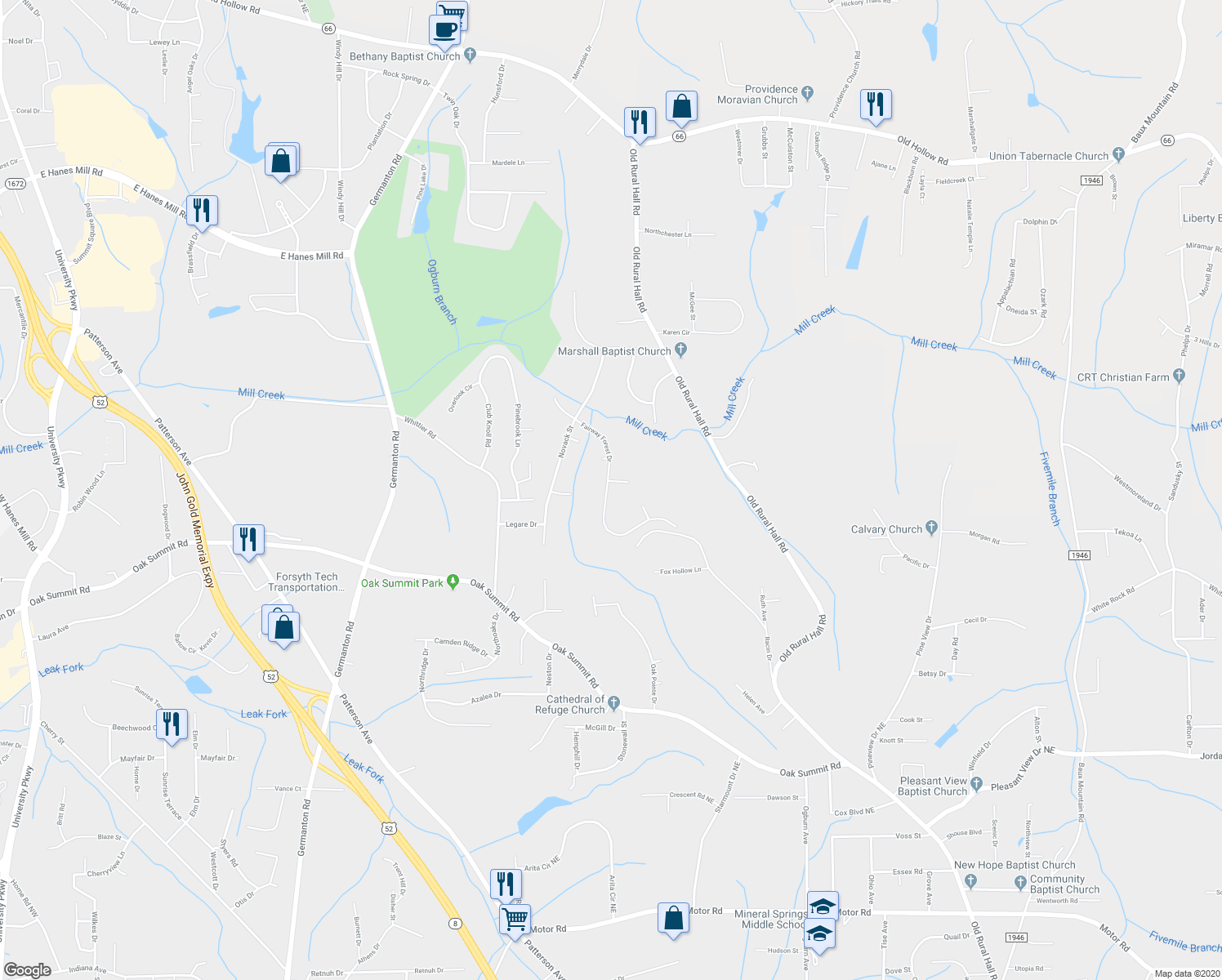 map of restaurants, bars, coffee shops, grocery stores, and more near 5581 Fairway Forest Drive in Winston-Salem
