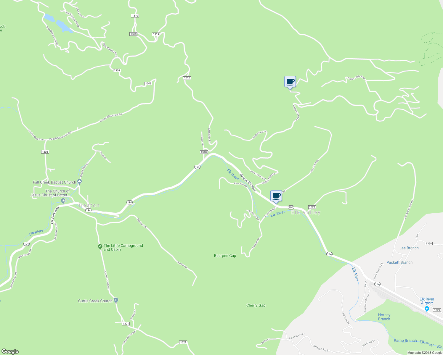 map of restaurants, bars, coffee shops, grocery stores, and more near 258 River Run Road in Banner Elk