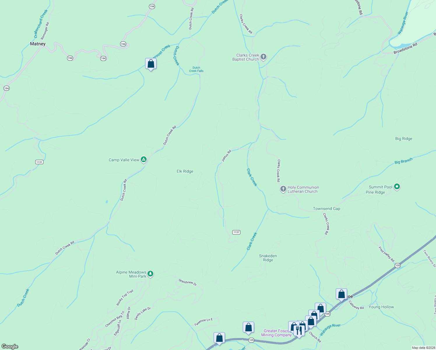 map of restaurants, bars, coffee shops, grocery stores, and more near 283 Justus Road in Banner Elk