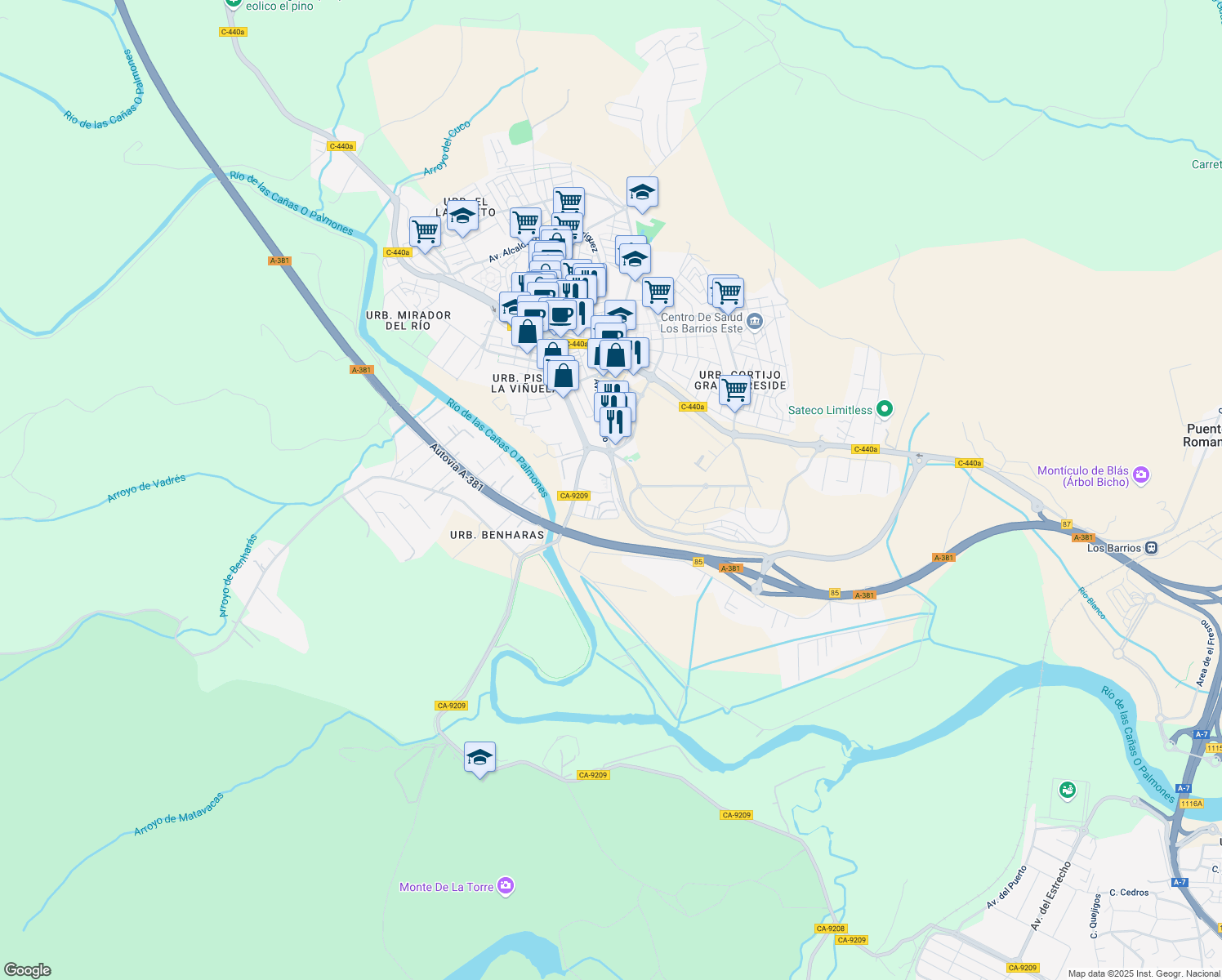 map of restaurants, bars, coffee shops, grocery stores, and more near 2 Calle Austria in Los Barrios