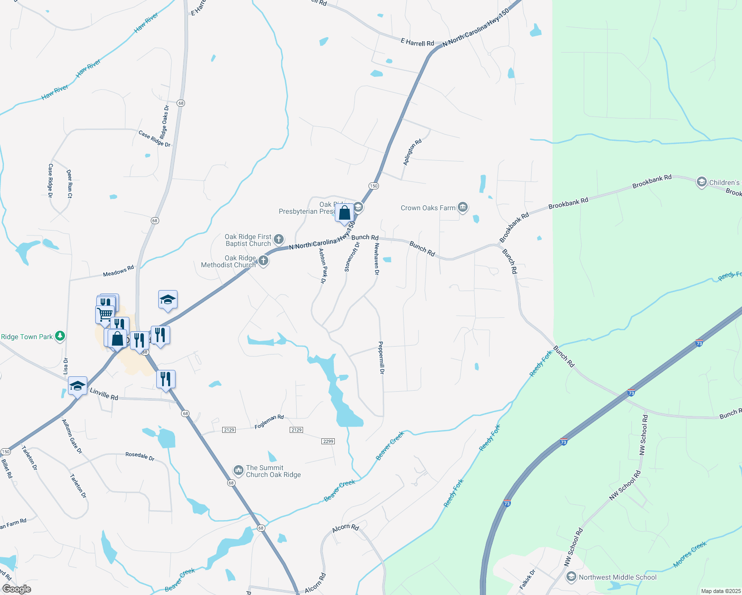map of restaurants, bars, coffee shops, grocery stores, and more near 7899 Newhaven Dr in Oak Ridge