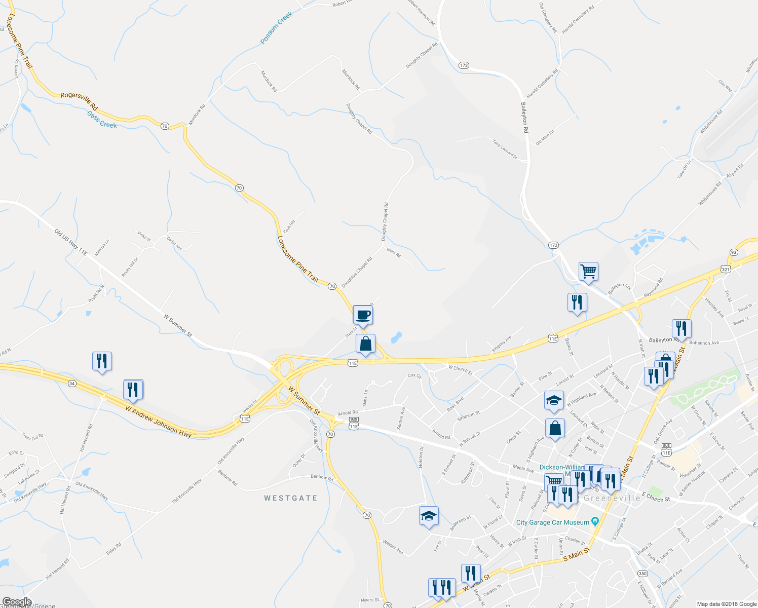 map of restaurants, bars, coffee shops, grocery stores, and more near 122 Powell Street in Greeneville