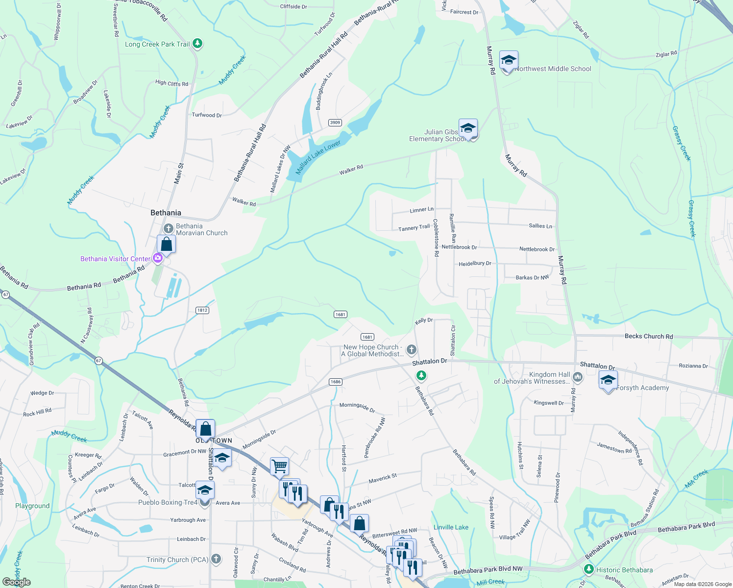 map of restaurants, bars, coffee shops, grocery stores, and more near 2790 Ann Lane in Winston-Salem