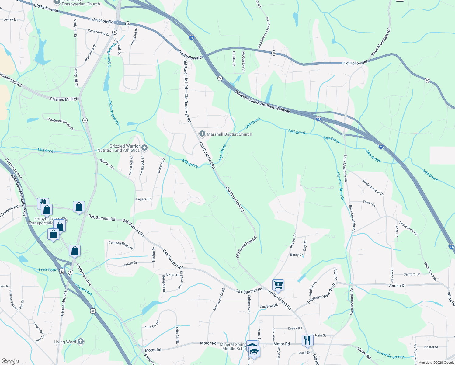 map of restaurants, bars, coffee shops, grocery stores, and more near 5665 Old Rural Hall Road in Winston-Salem