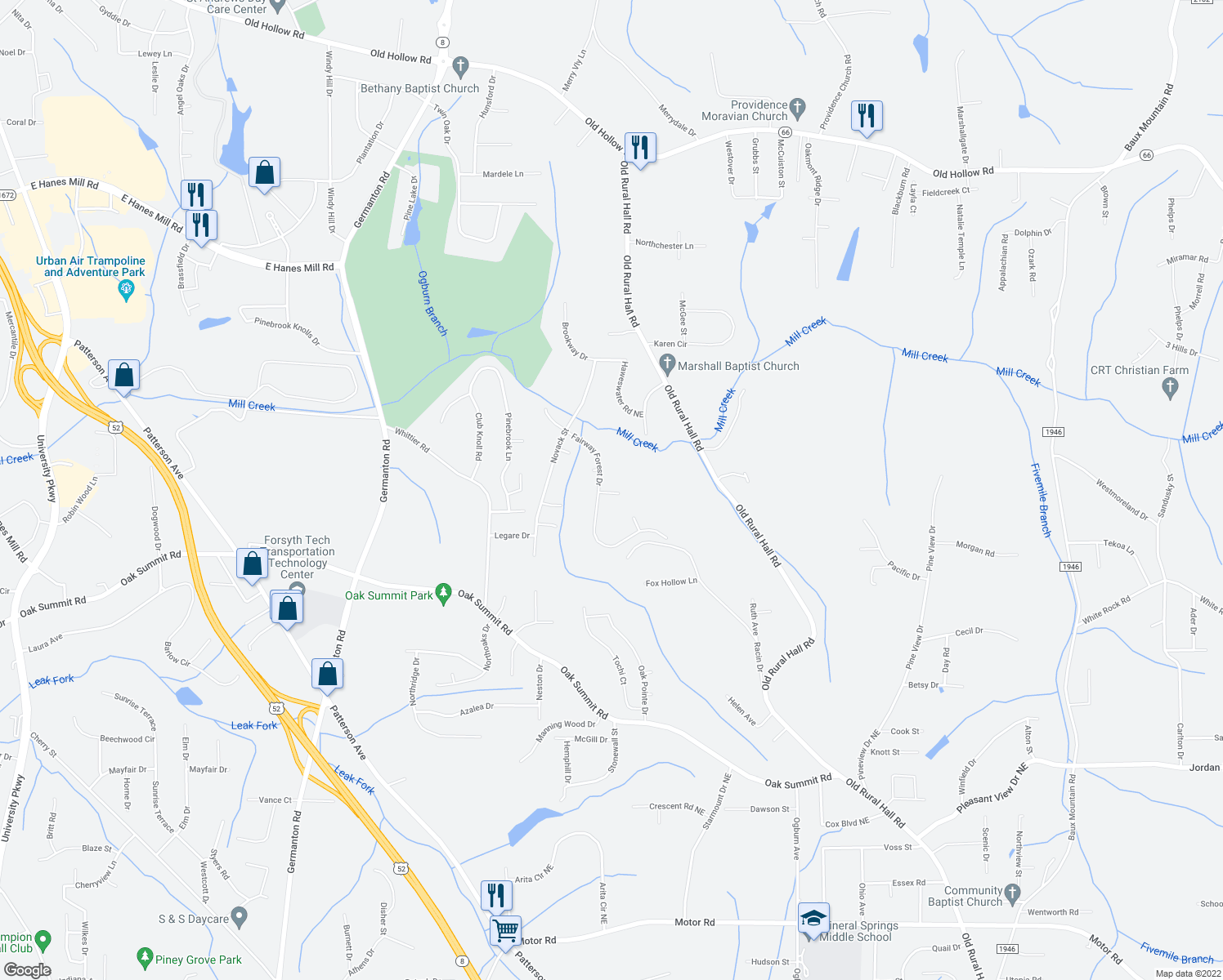 map of restaurants, bars, coffee shops, grocery stores, and more near 185 Salem Trail Court in Winston-Salem