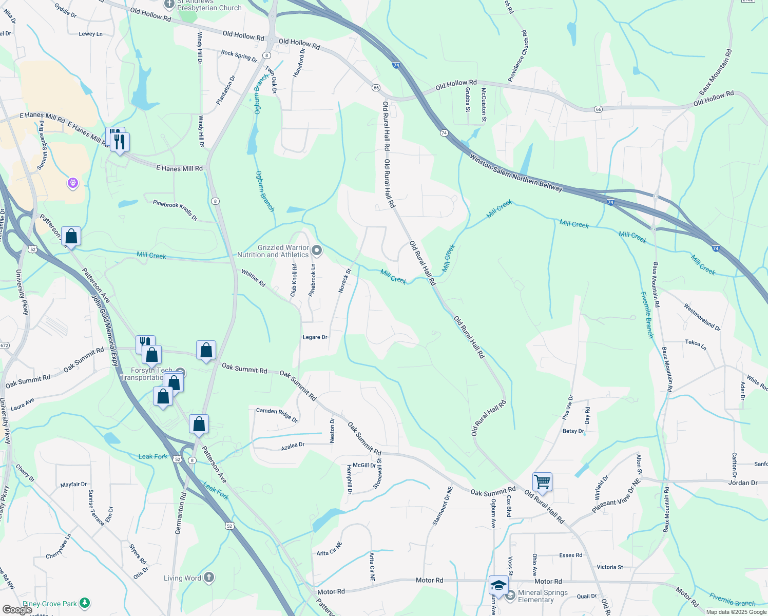 map of restaurants, bars, coffee shops, grocery stores, and more near 165 Salem Trail Court in Winston-Salem