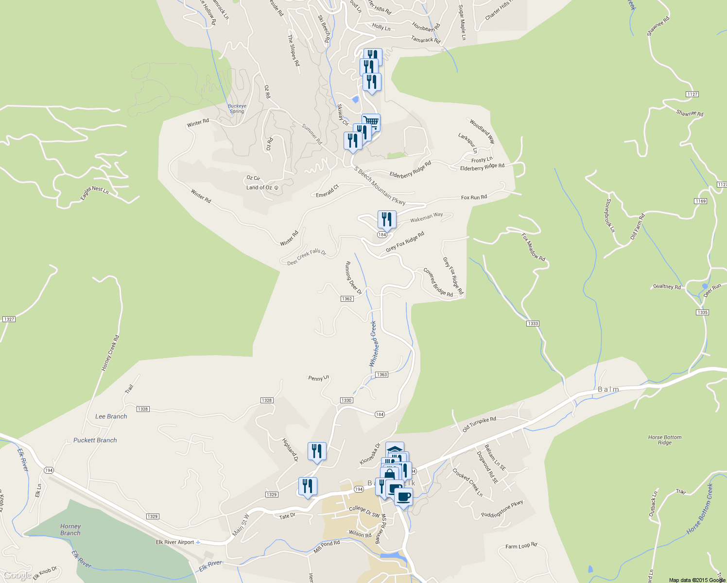 map of restaurants, bars, coffee shops, grocery stores, and more near 230 Gilliam Road in Banner Elk