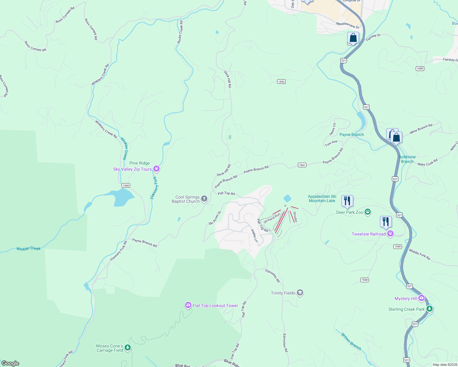 map of restaurants, bars, coffee shops, grocery stores, and more near 111 Oxford Lane in Blowing Rock