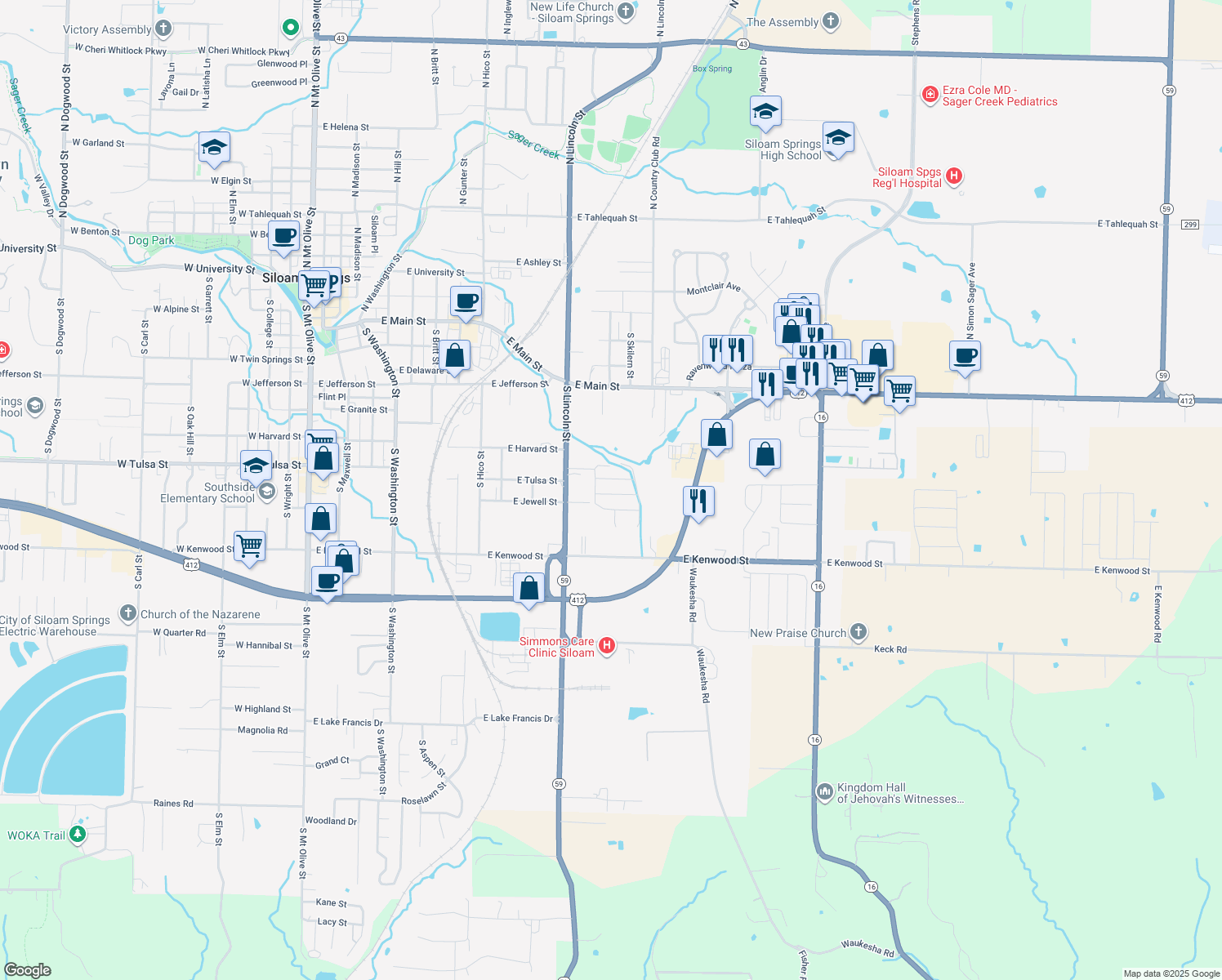 map of restaurants, bars, coffee shops, grocery stores, and more near 1603 Rosewood Ln in Siloam Springs
