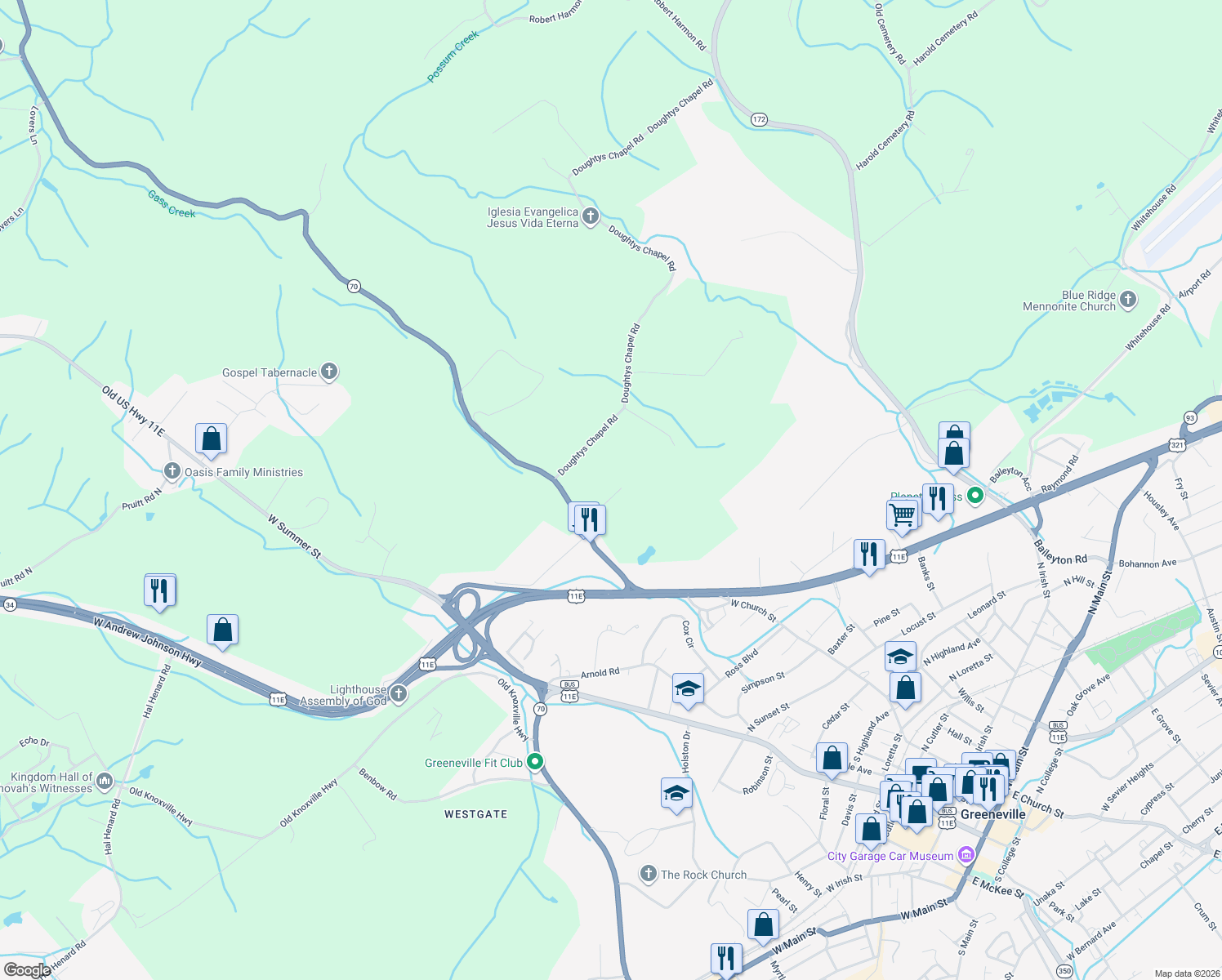 map of restaurants, bars, coffee shops, grocery stores, and more near 127 Powell Street in Greeneville