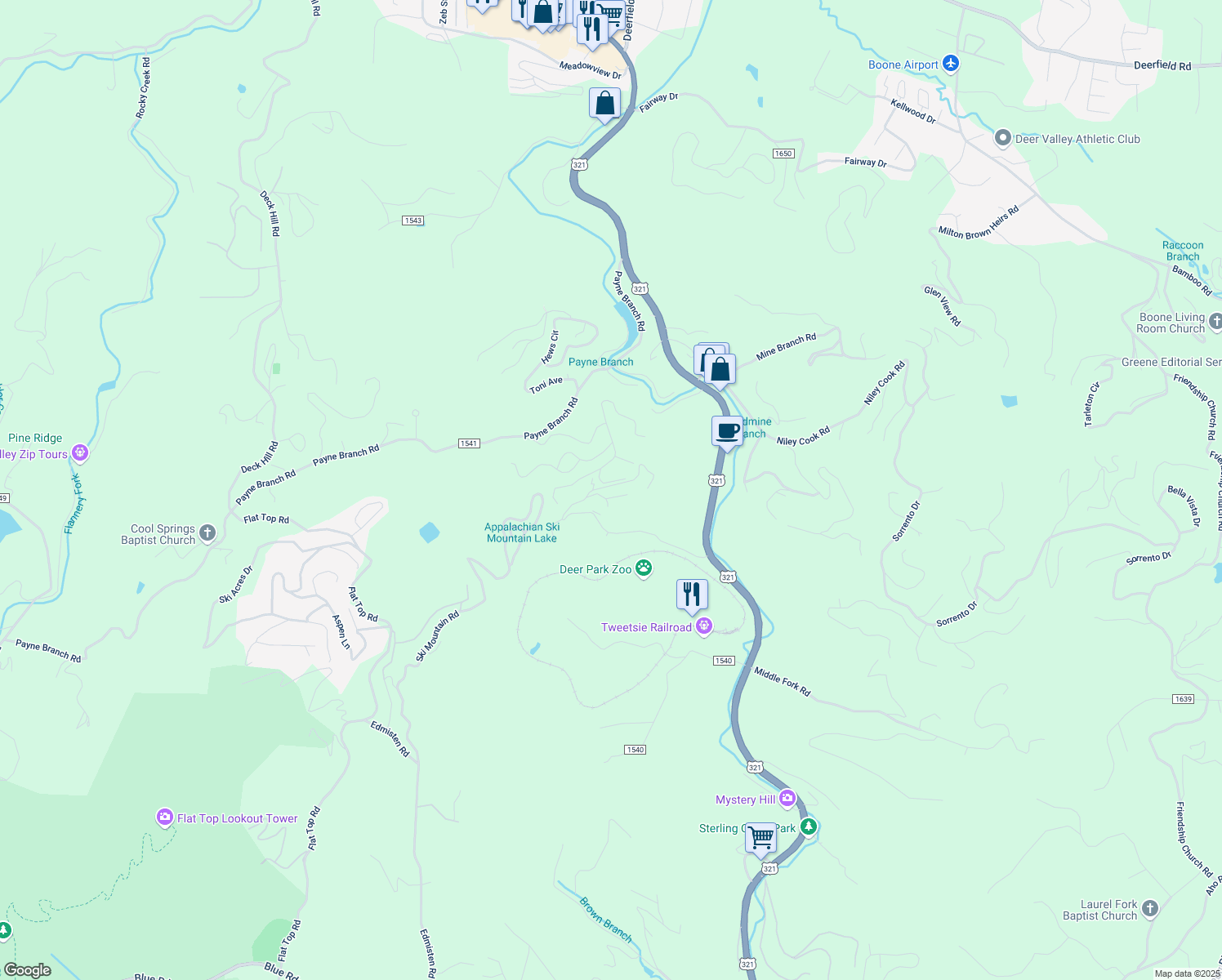 map of restaurants, bars, coffee shops, grocery stores, and more near 593 Fox Den Road in Blowing Rock