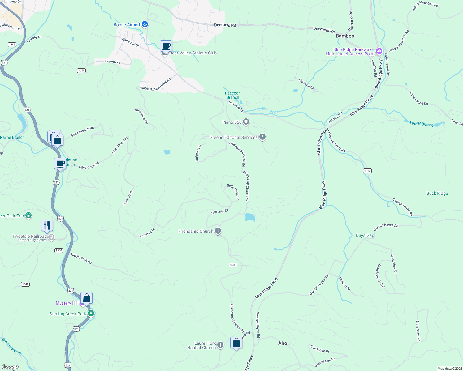 map of restaurants, bars, coffee shops, grocery stores, and more near 288 Bella Vista Drive in Boone