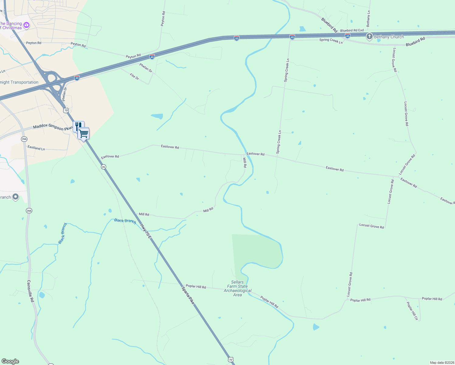 map of restaurants, bars, coffee shops, grocery stores, and more near 815 Mill Road in Lebanon