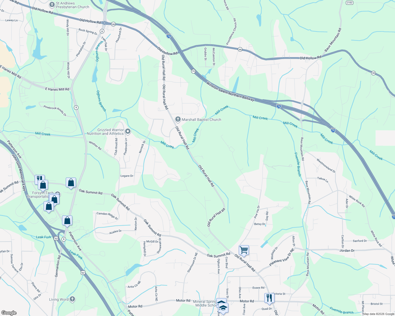 map of restaurants, bars, coffee shops, grocery stores, and more near 5665 Old Rural Hall Road in Winston-Salem