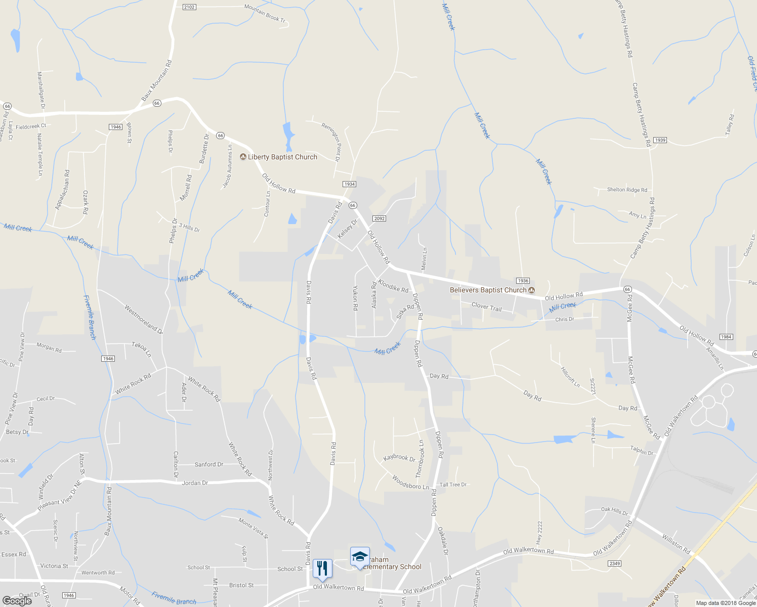 map of restaurants, bars, coffee shops, grocery stores, and more near 5125 Alaska Road in Walkertown