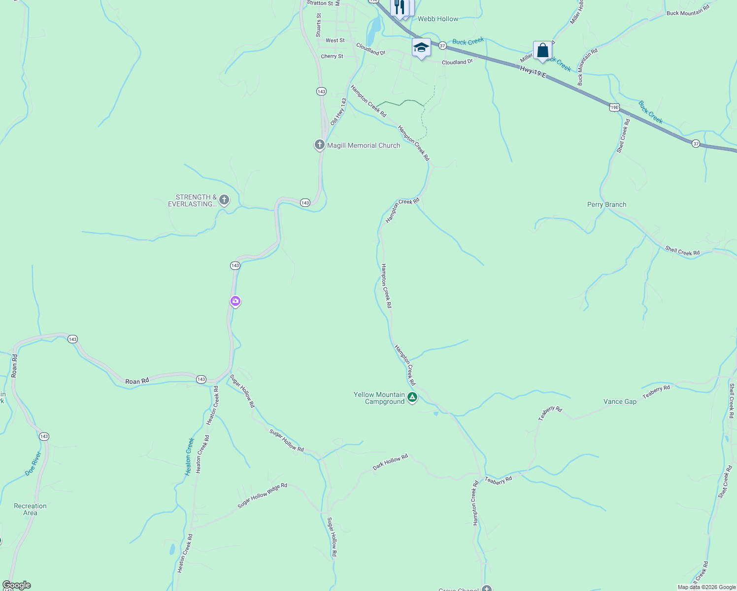 map of restaurants, bars, coffee shops, grocery stores, and more near 122 Frank Birchfield Road in Roan Mountain