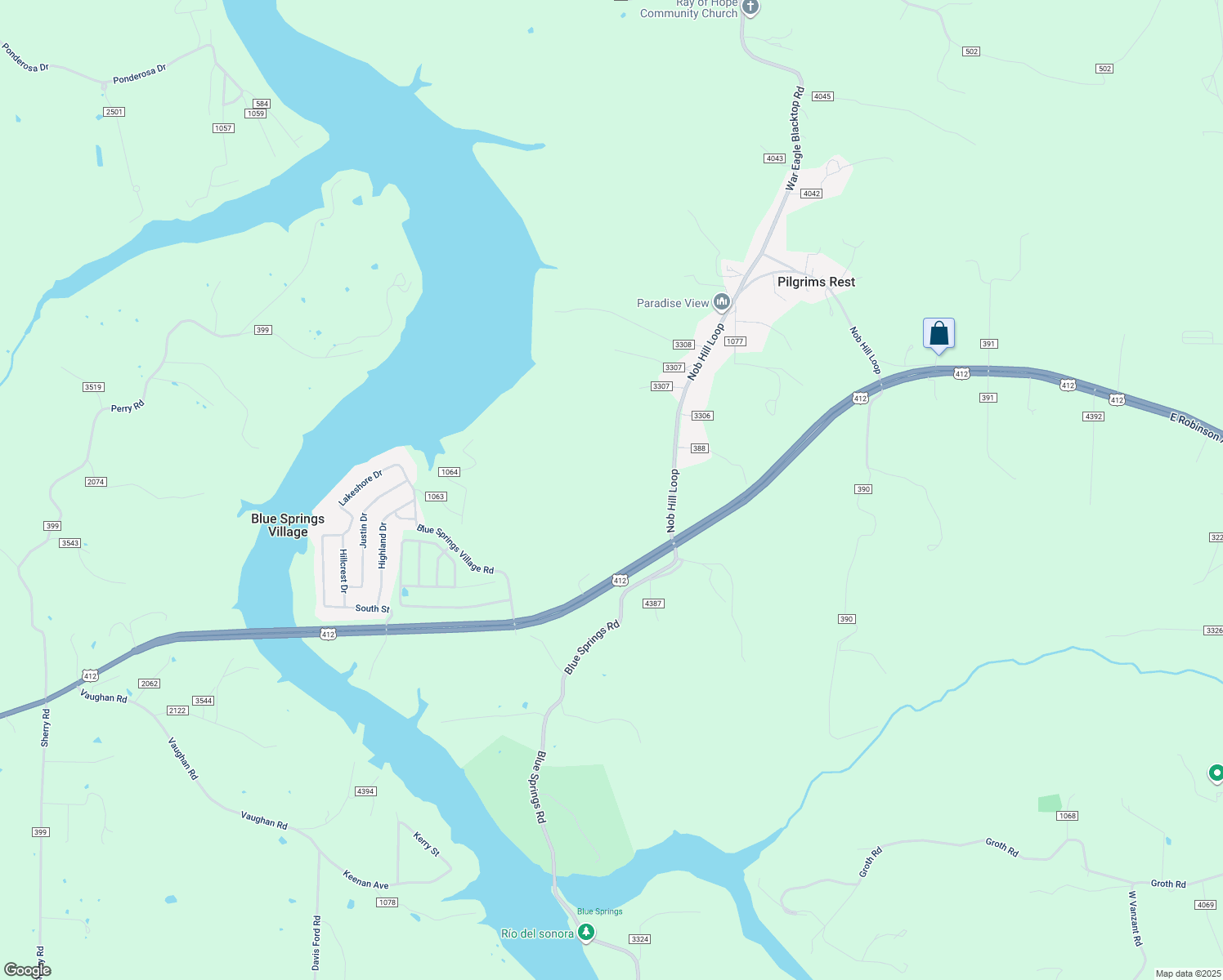 map of restaurants, bars, coffee shops, grocery stores, and more near 20696 Blue Springs Village Road in Springdale