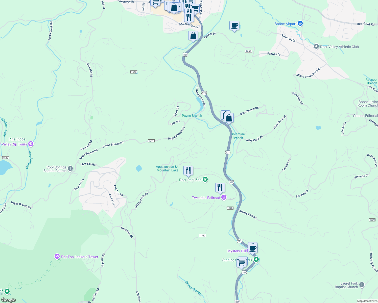 map of restaurants, bars, coffee shops, grocery stores, and more near 593 Fox Den Road in Blowing Rock