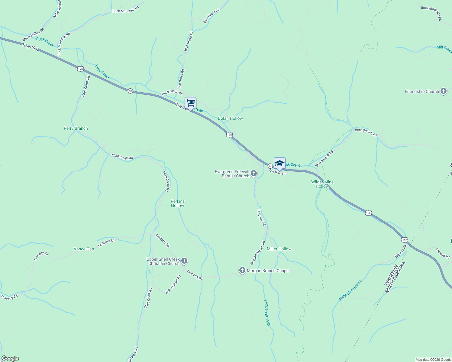 map of restaurants, bars, coffee shops, grocery stores, and more near 139 Elisha Garland Road in Roan Mountain