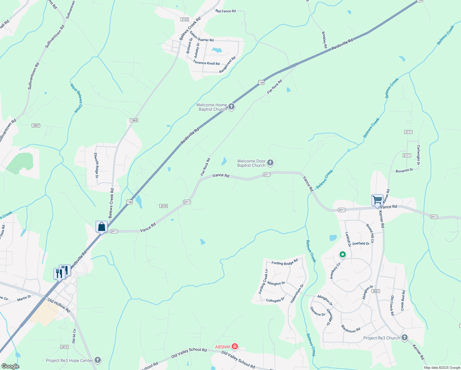 map of restaurants, bars, coffee shops, grocery stores, and more near 6544 Vance Road in Kernersville