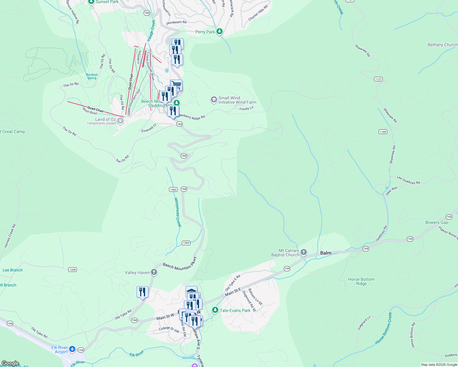 map of restaurants, bars, coffee shops, grocery stores, and more near 442 Grey Fox Ridge Rd in Banner Elk