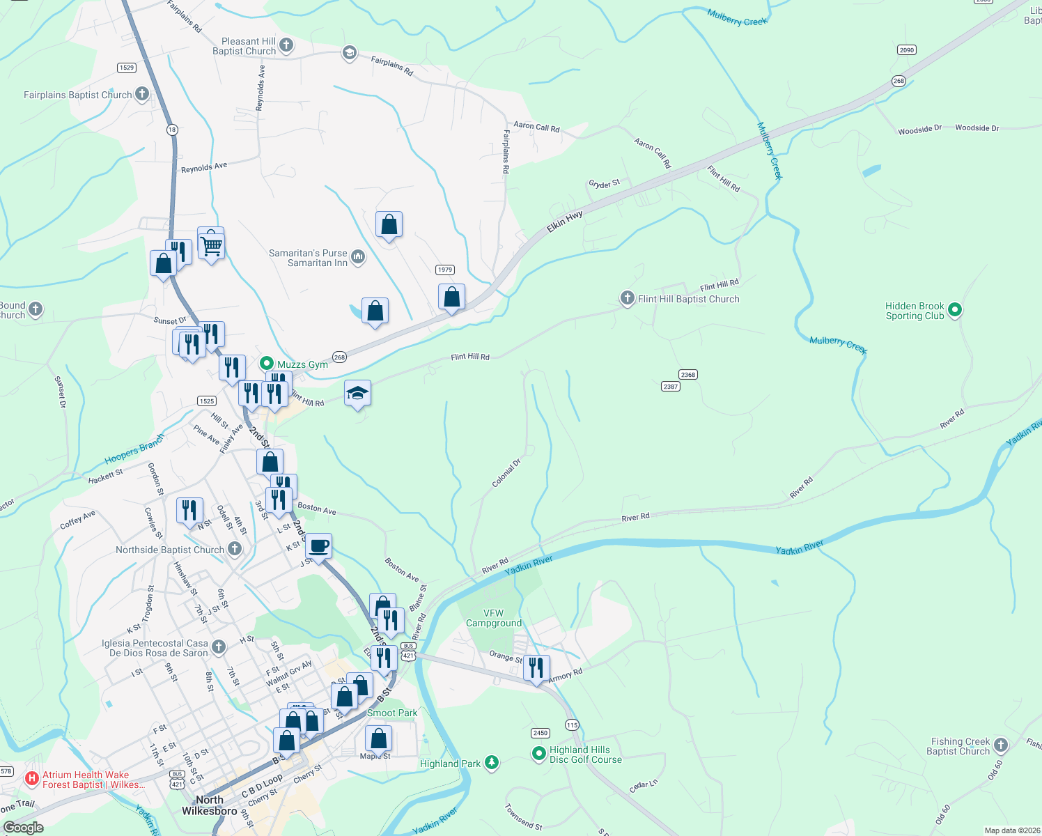 map of restaurants, bars, coffee shops, grocery stores, and more near 703 Colonial Drive in North Wilkesboro